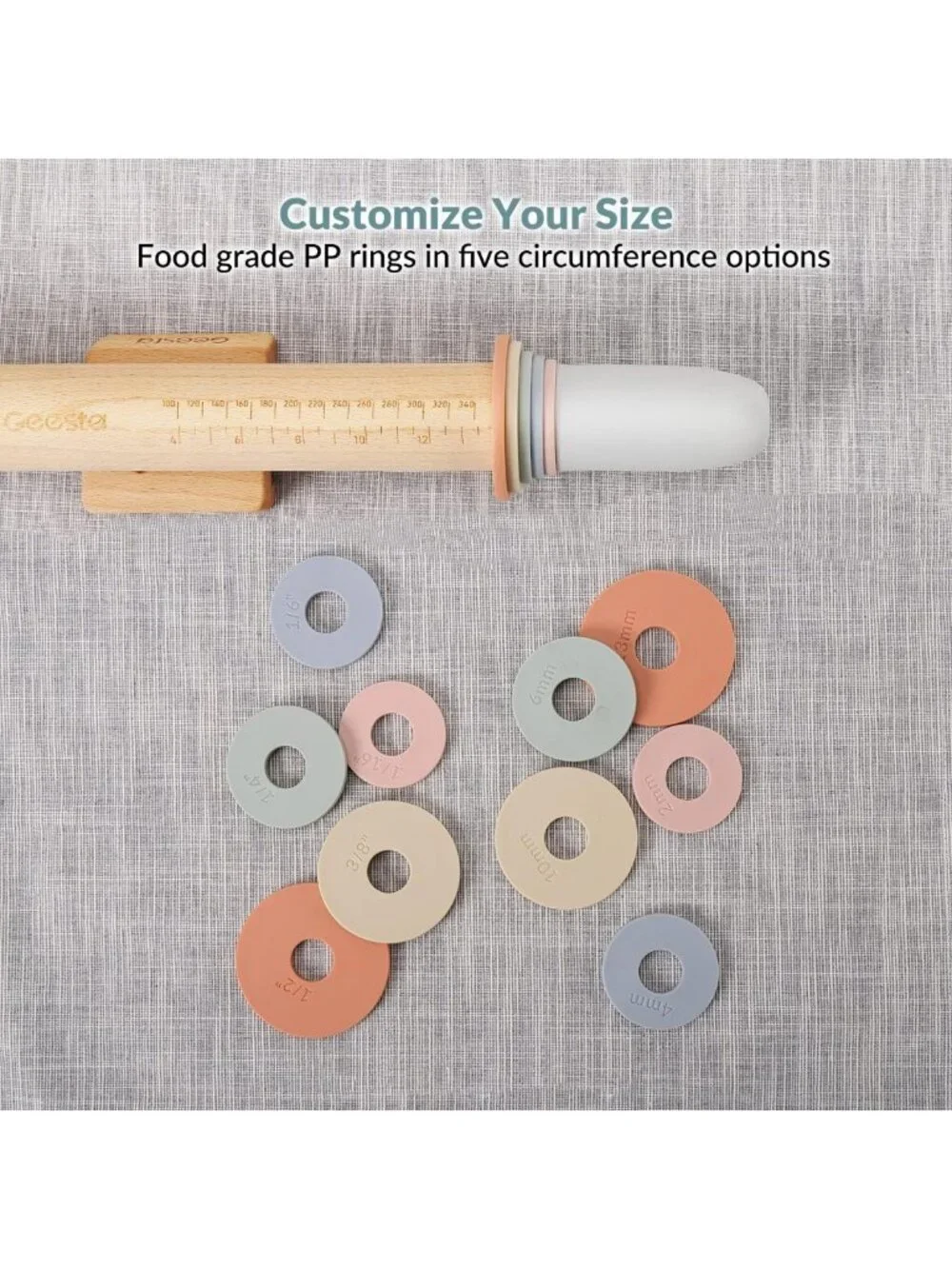 Adjustable Rolling Pin with 5 Thickness Rings & Measurement Guide for Baking